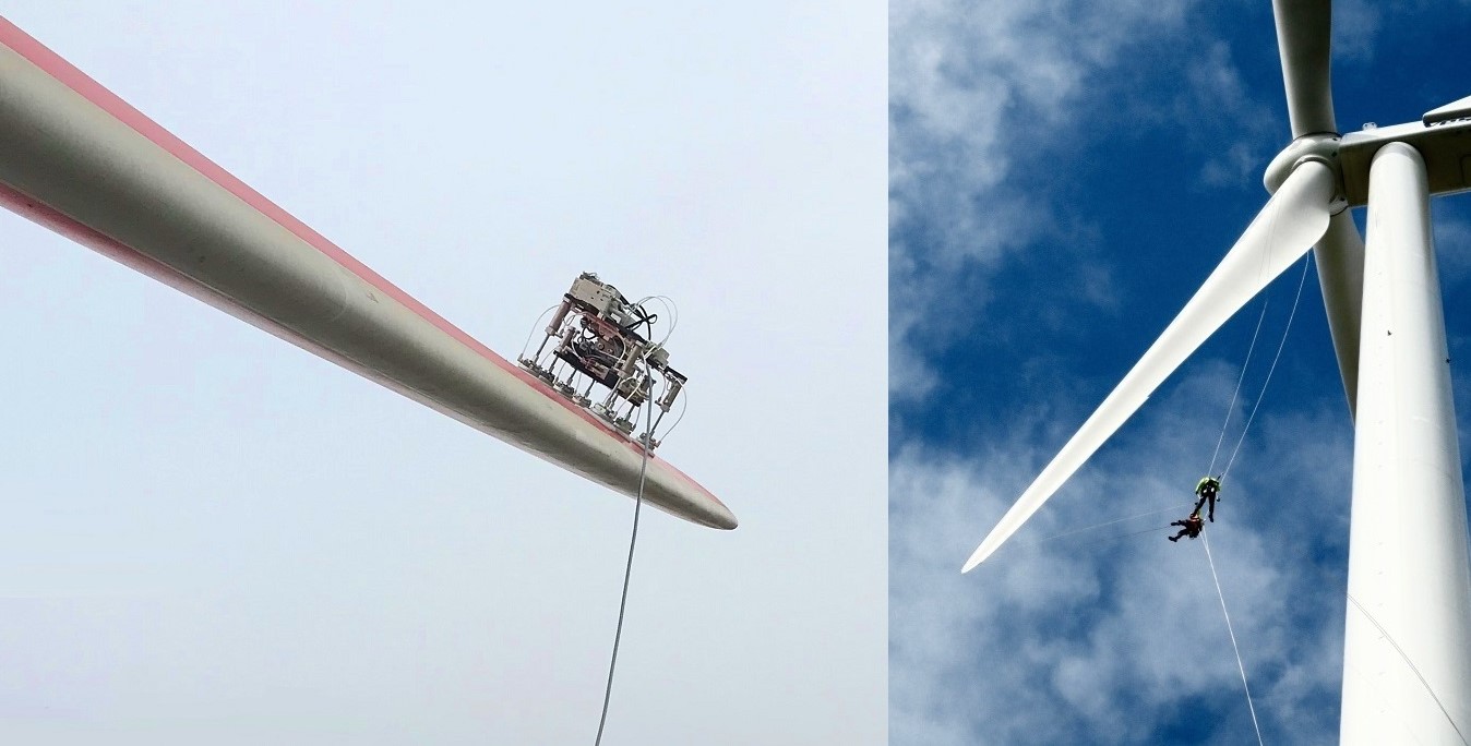 Blade Robot crawler on a wind turbine blade versus rope-access technicians